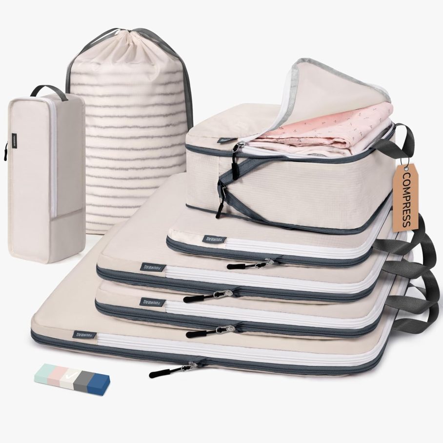 CherryNow Compression Packing Cubes, 7 Set Packing Cubes for Travel Women, Travel Essentials for Backpack, Beige