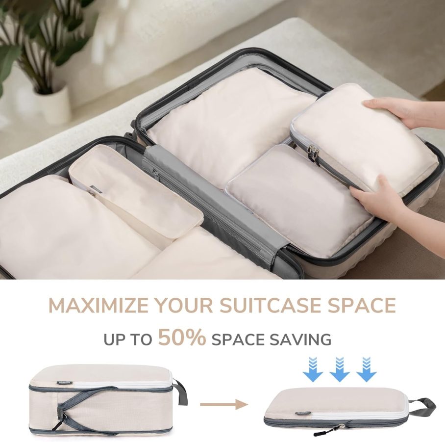 CherryNow Compression Packing Cubes, 7 Set Packing Cubes for Travel Women, Travel Essentials for Backpack, Beige - Image 6