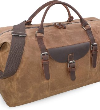 Oversized Travel Duffel Bag Waterproof Canvas Genuine Leather Weekend bag Weekender Overnight Carryon Hand Bag Brown