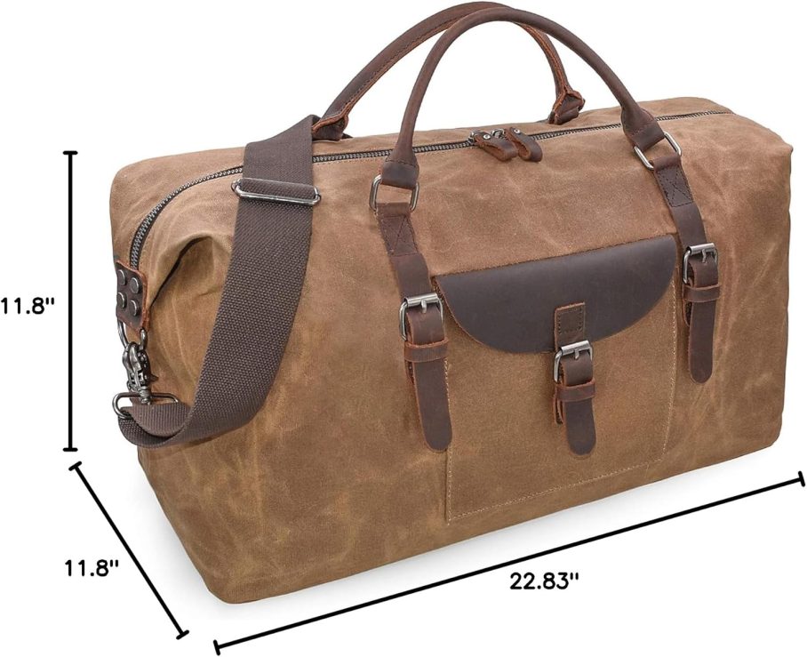 Oversized Travel Duffel Bag Waterproof Canvas Genuine Leather Weekend bag Weekender Overnight Carryon Hand Bag Brown - Image 9
